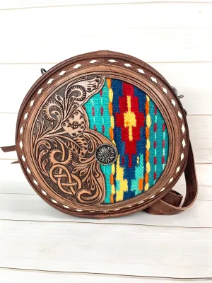 Red and Turquoise Wool and Leather Round Canteen Crossbody Bag